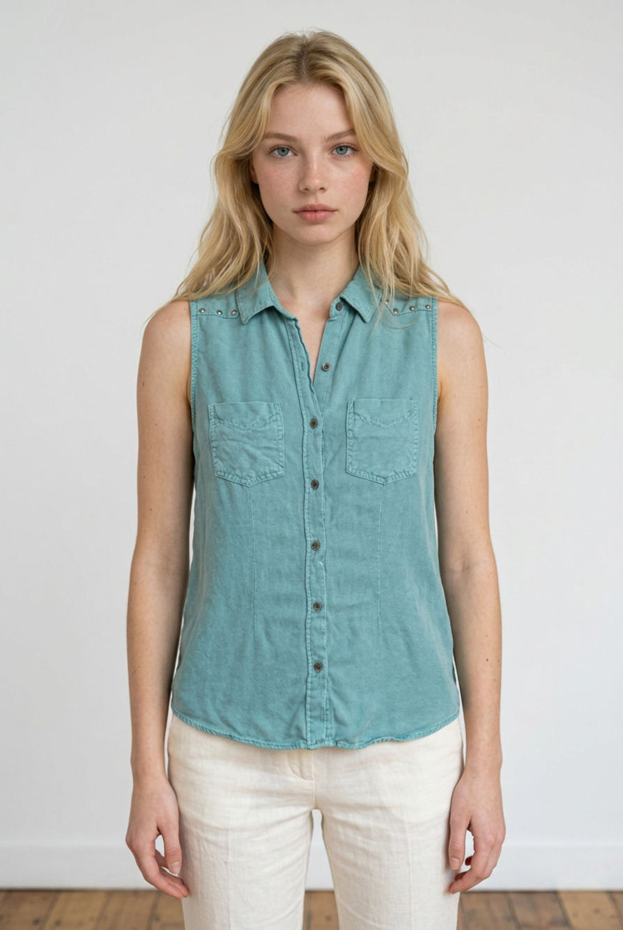Rock & Republic Women's Teal Studded Sleeveless Button-Up Rayon Shirt